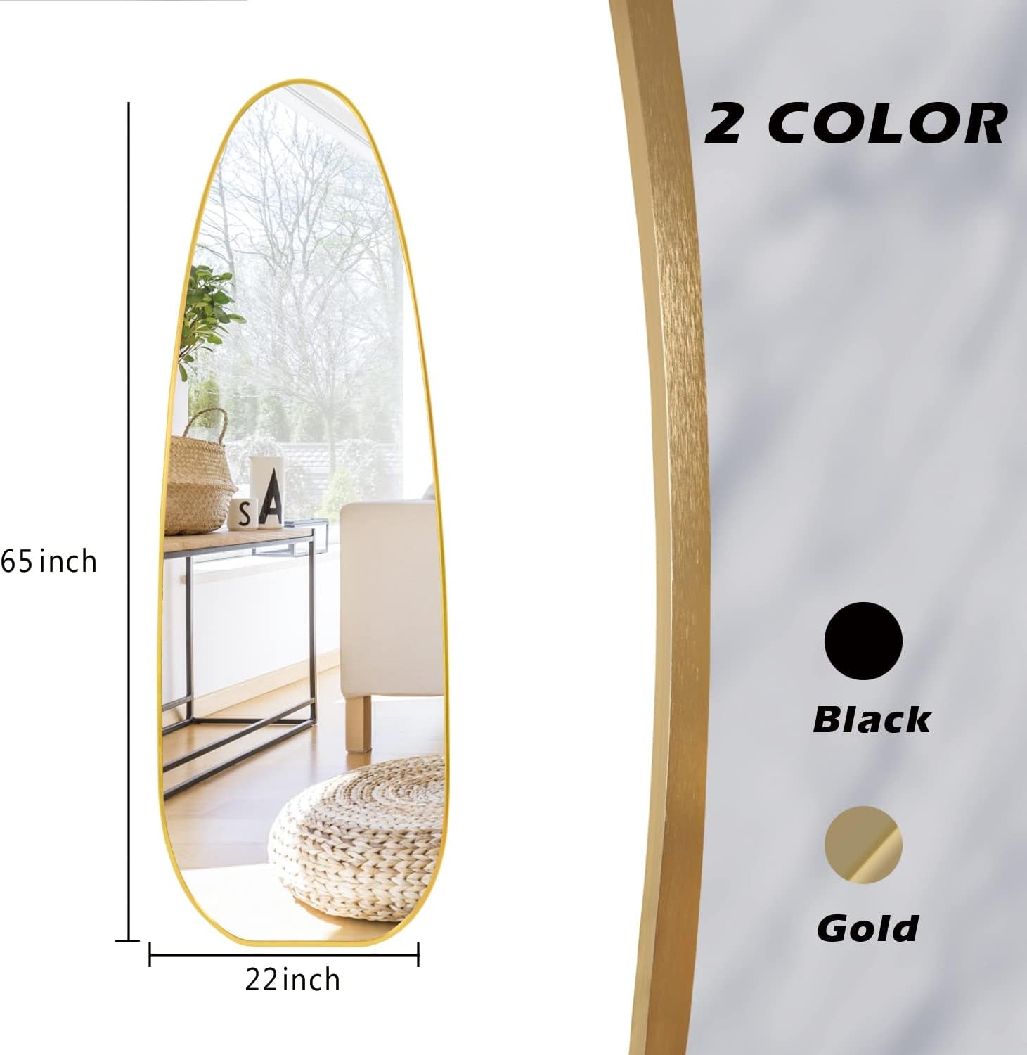 Elegant Gold Aluminum Frame Irregular Floor Length Mirror with Stand - 22 X 65 - Ideal for Living Room, Bathroom, Entryway, and Cloakroom