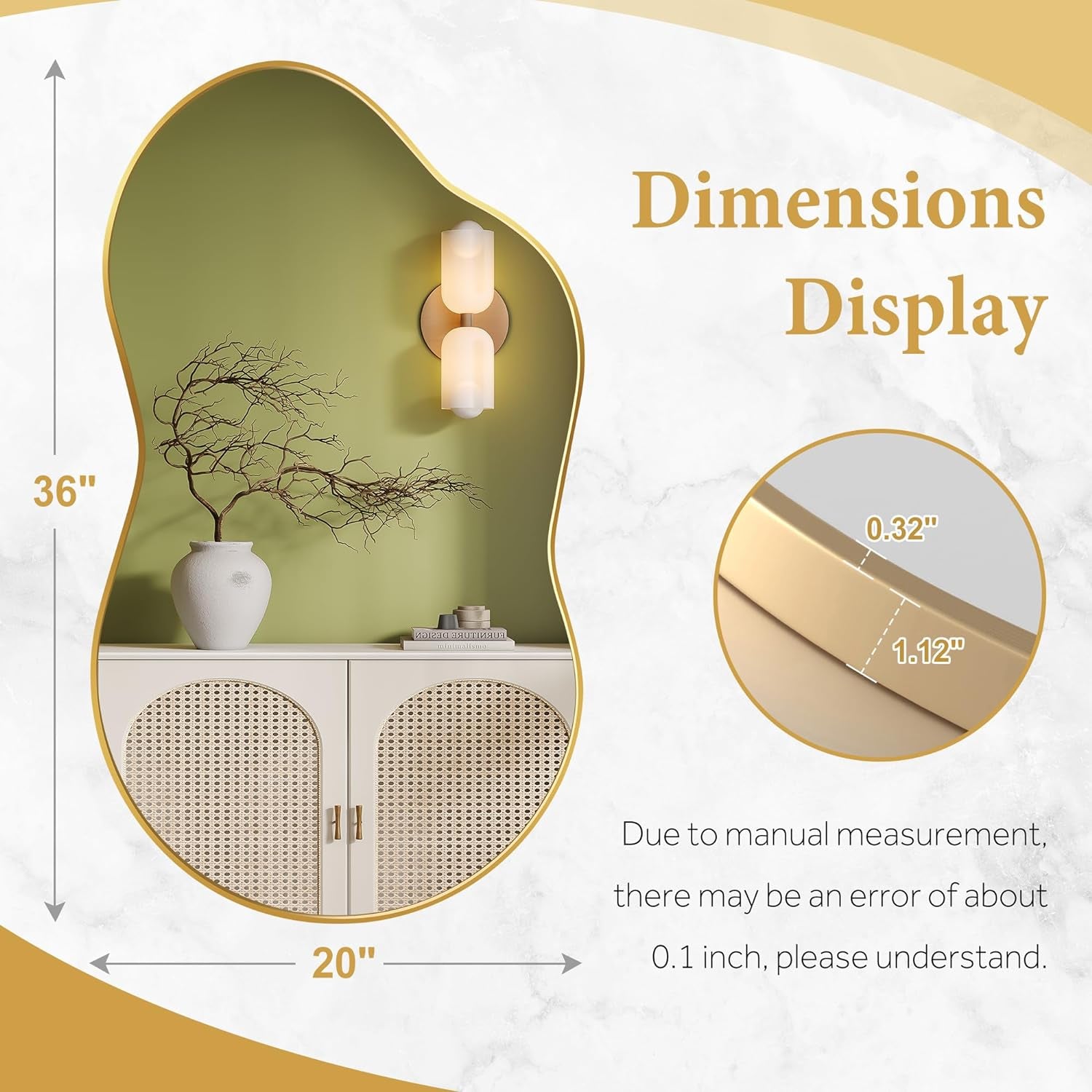 Irregular Wall Mirror - Wall Mirrors Decorative 20X36 Gold Asymmetrical Mirror Aviation Aluminum Alloy Frame for Bathroom, Bedroom, Living Room, Cloakroom, Entryway