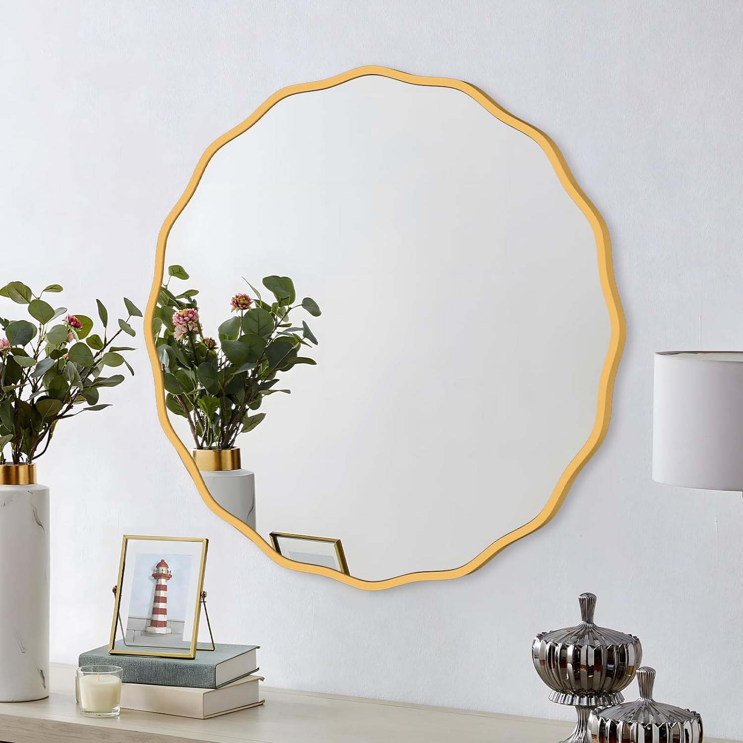 Gold round Mirror for Wall Decorative 24 Inch Modern Wavy Mirror Whit Wood Frame Circle Wall Mirror for Bathroom Bedroom Living Room Home House Office Entryway