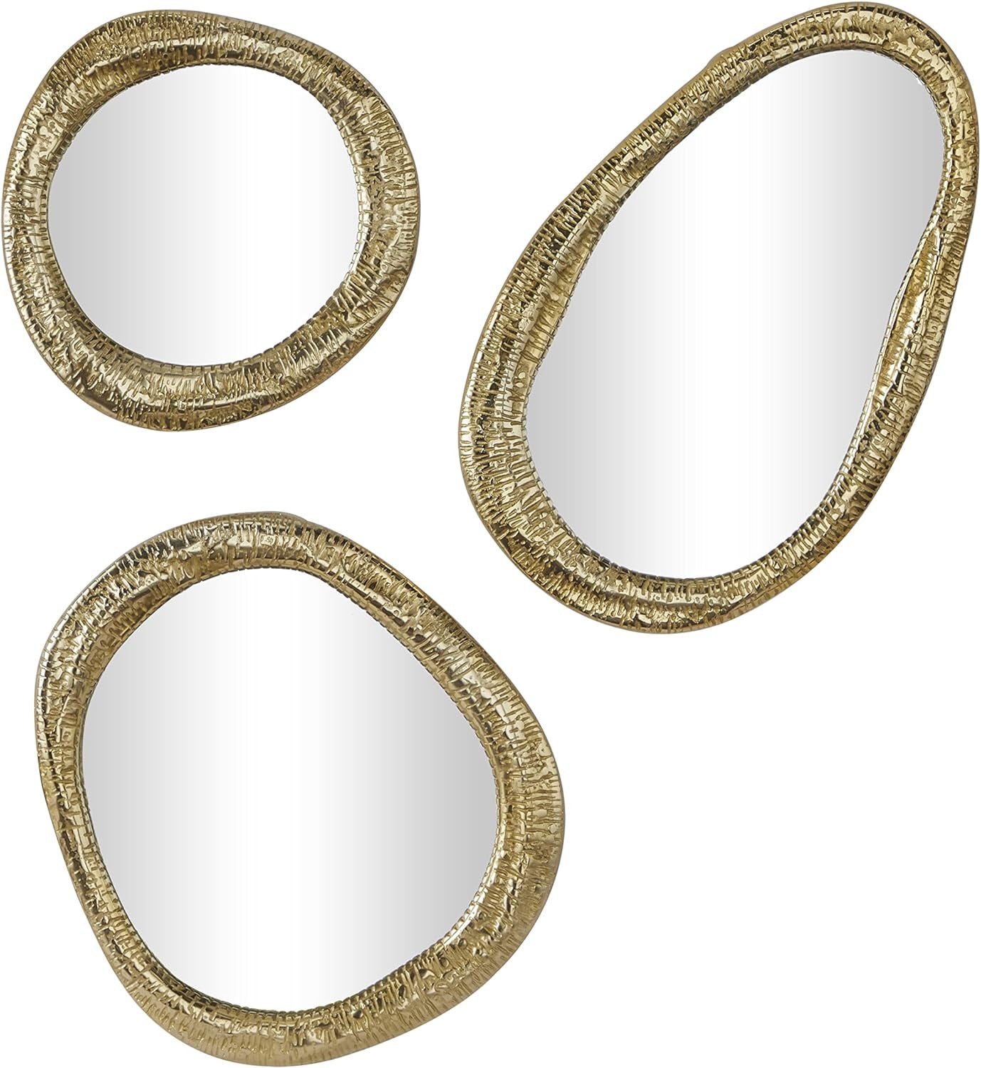 Set of 3 Aluminum Abstract Wall Mirrors in Gold, with Heights of 23, 19, and 15