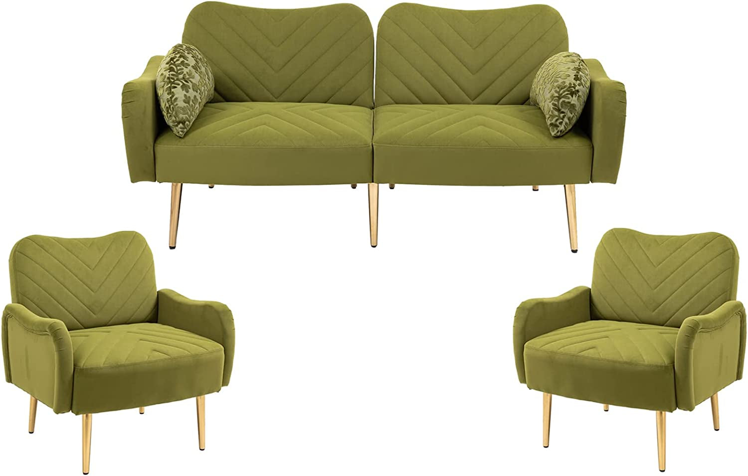 Modern Green Velvet Sofa Set with Gold Legs