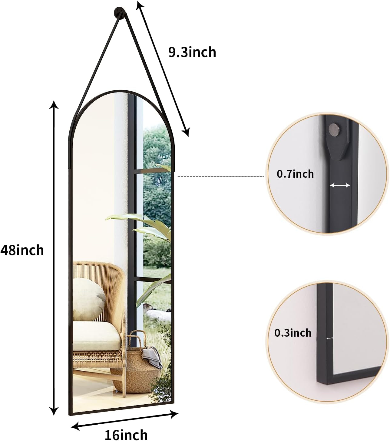 48'X16' Arched Wall Mirror with Hanging Mirror Leather Cord, Aluminum Frame - Wall-Mounted Hanging Mirror for Bathroom Vanity, Living Room, Bedroom, and Entryway Decor