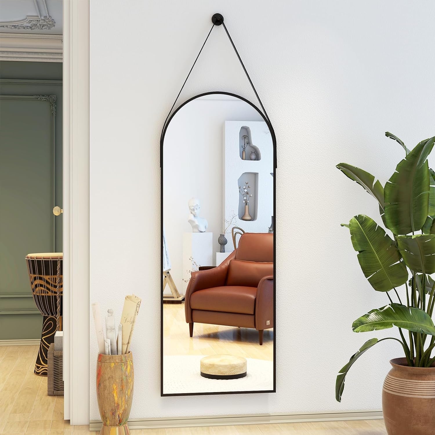 48'X16' Arched Wall Mirror with Hanging Mirror Leather Cord, Aluminum Frame - Wall-Mounted Hanging Mirror for Bathroom Vanity, Living Room, Bedroom, and Entryway Decor