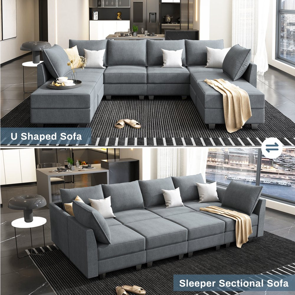 Bluish Grey Convertible Sectional Sofa Bed with Storage Ottomans
