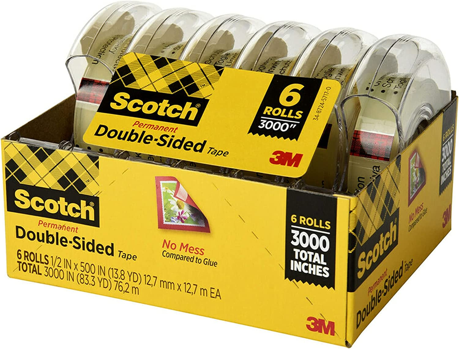 Scotch Double Sided Tape, 1/2 in X 500 In, 6 Dispensered Rolls (6137H-2PC-MP)