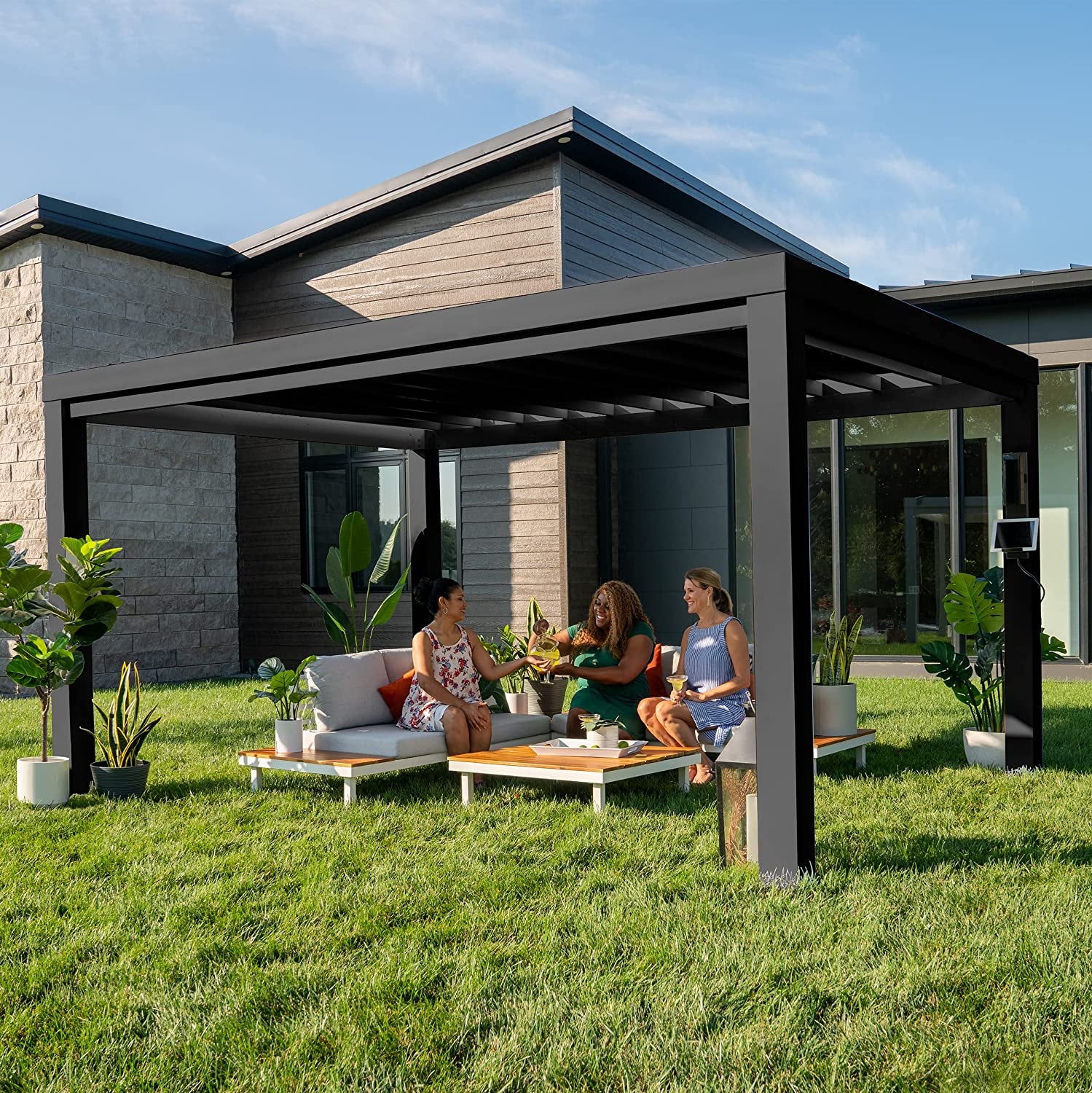 Trenton 14X12 All Season Galvanized Steel Pergola, Black, Sail Shade Soft Canopy, Rust Resistant, Support Wind and Snow, Patio, Deck, Backyard, Garden