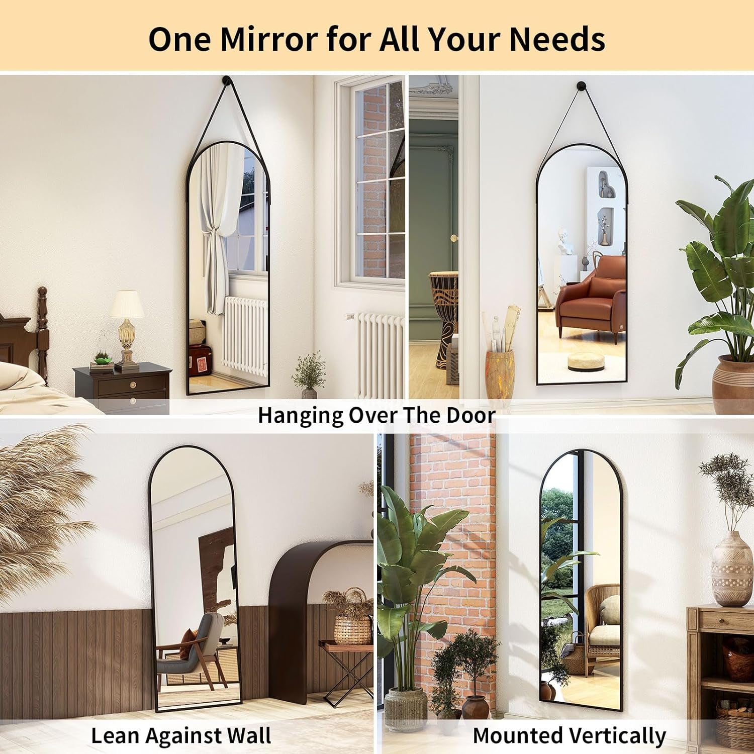 48'X16' Arched Wall Mirror with Hanging Mirror Leather Cord, Aluminum Frame - Wall-Mounted Hanging Mirror for Bathroom Vanity, Living Room, Bedroom, and Entryway Decor