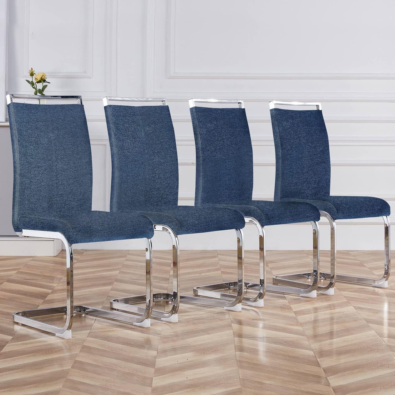 Modern Linen Dining Chairs Set of 4 with Chrome Legs