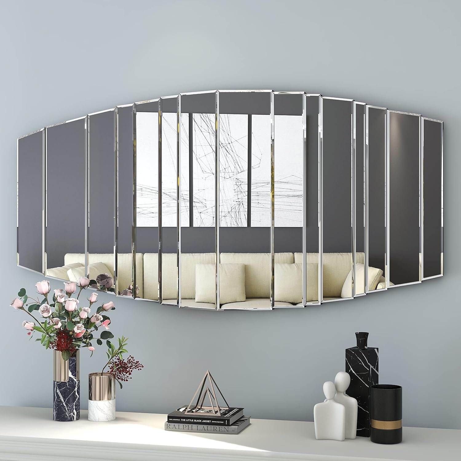 Frameless Oval Wall Mirror for Modern Decor - Decorative Stitching Mirrors for Living Room, Bathroom, Bedroom, and Entryway - Abstract Shape Square Mirror in Silver - Size 43X 21.5