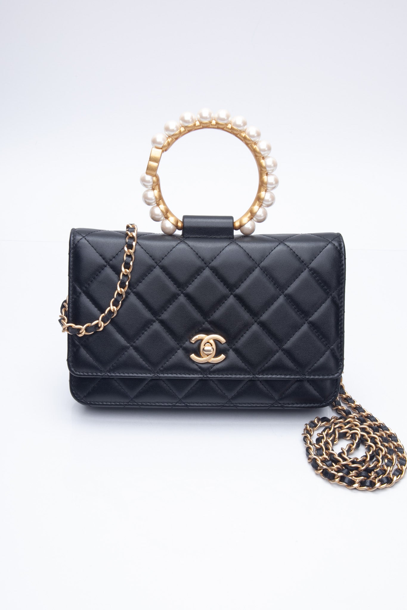 CHANEL Black Lambskin Quilted Pearl Bracelet Top Handle Wallet On Chain WOC