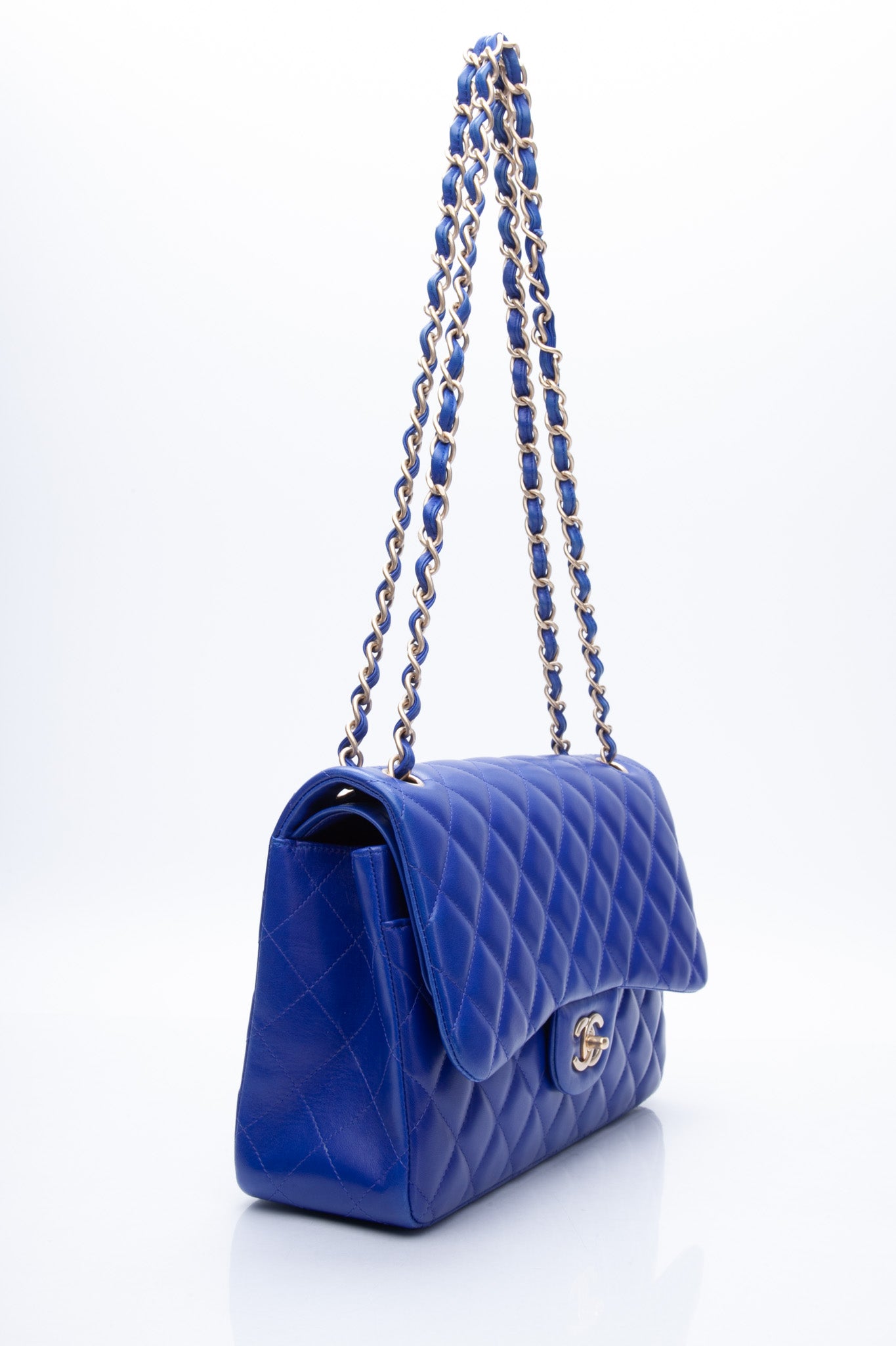 CHANEL Royal Blue Lambskin Quilted Jumbo Double Flap Bag