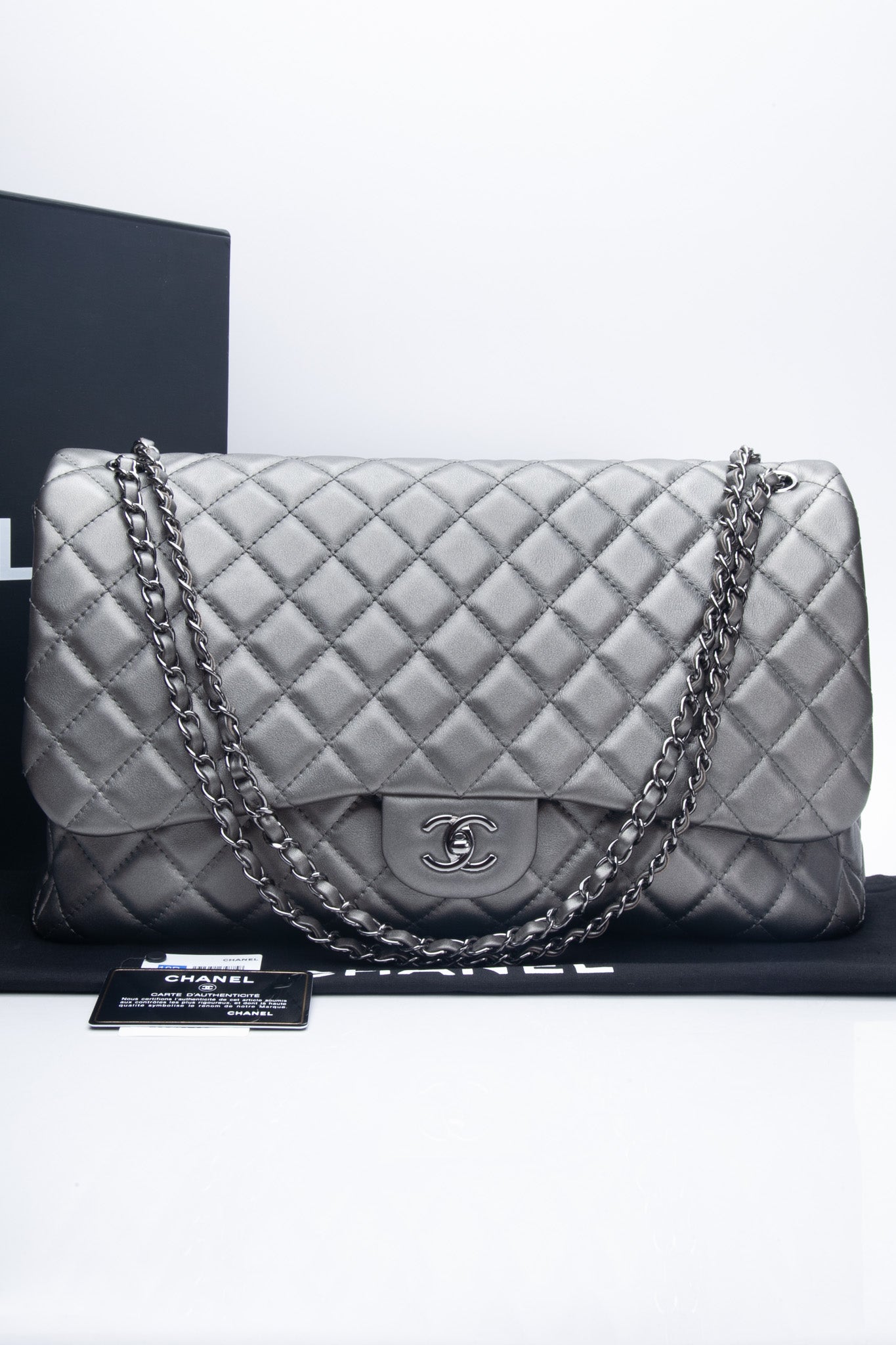 CHANEL Metallic Grey Quilted Calfskin XXL Travel Single Flap Bag