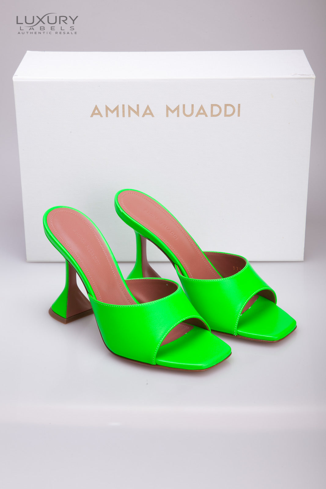 Amina Muaddi Green Lupita Slipper Heels In Fluo Green Sz 37.5 (Brand New)