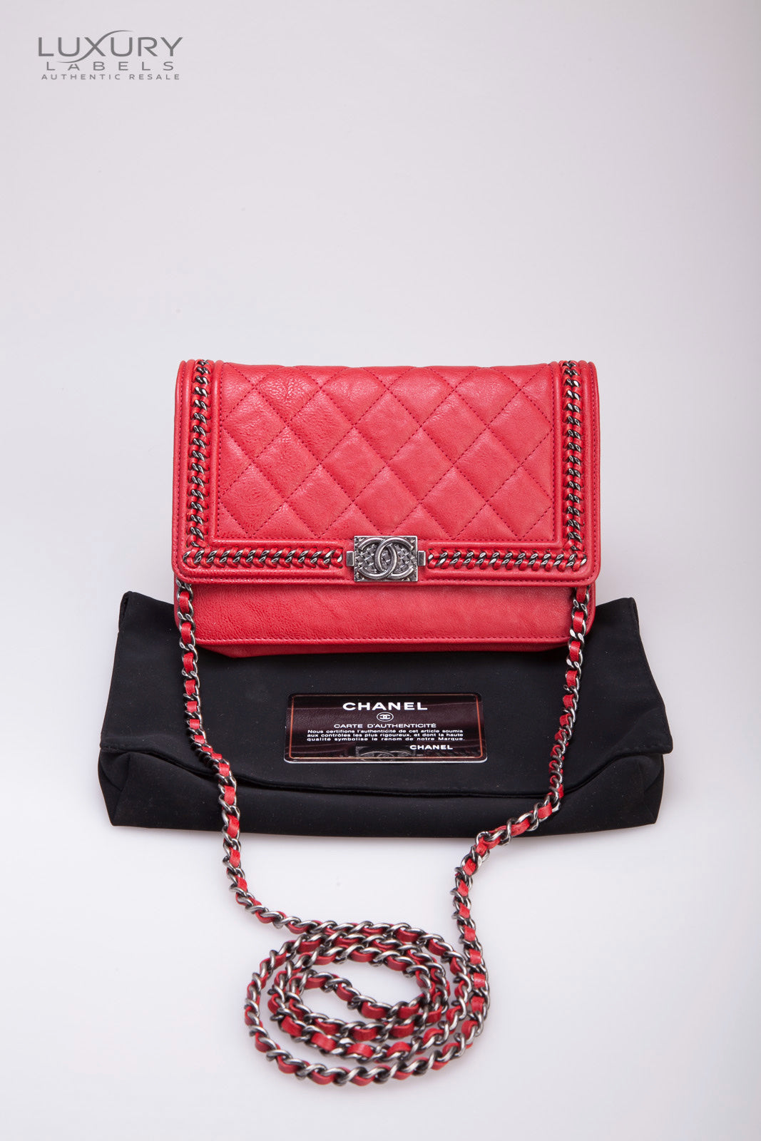 CHANEL LE BOY CHAIN AROUND RED WOC WALLET ON CHAIN