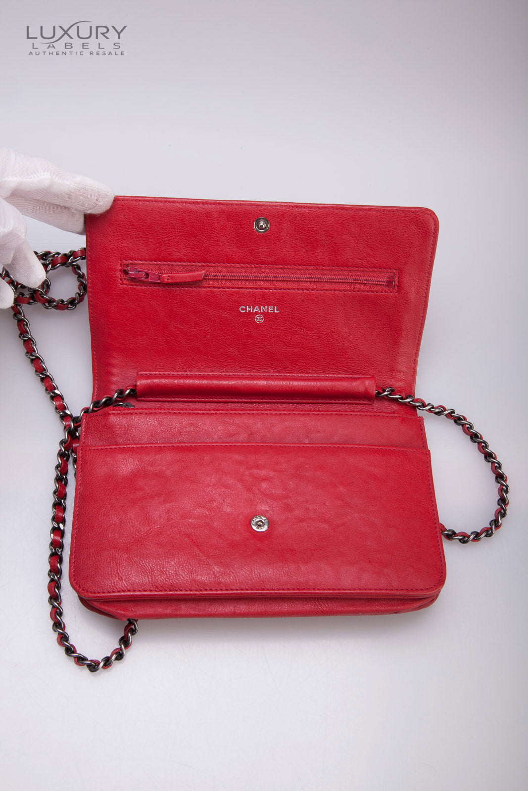 CHANEL LE BOY CHAIN AROUND RED WOC WALLET ON CHAIN