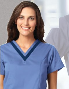 Fashion Seal Uniforms 7575-S Scrub Shirt Small Ceil Blue / Navy 2 Pockets Short Set-In Sleeve Female