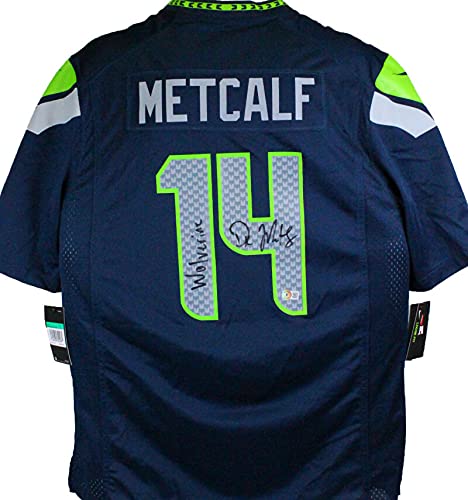 DK Metcalf Autographed Navy Nike Authentic Jersey w/Wolverine- Beckett W Black