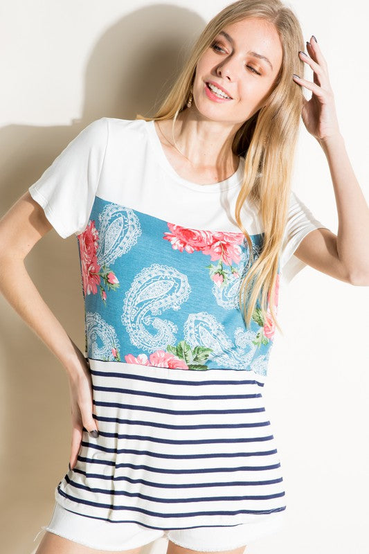 SOLID STRIPE FLORAL PRINT MIXED TOP