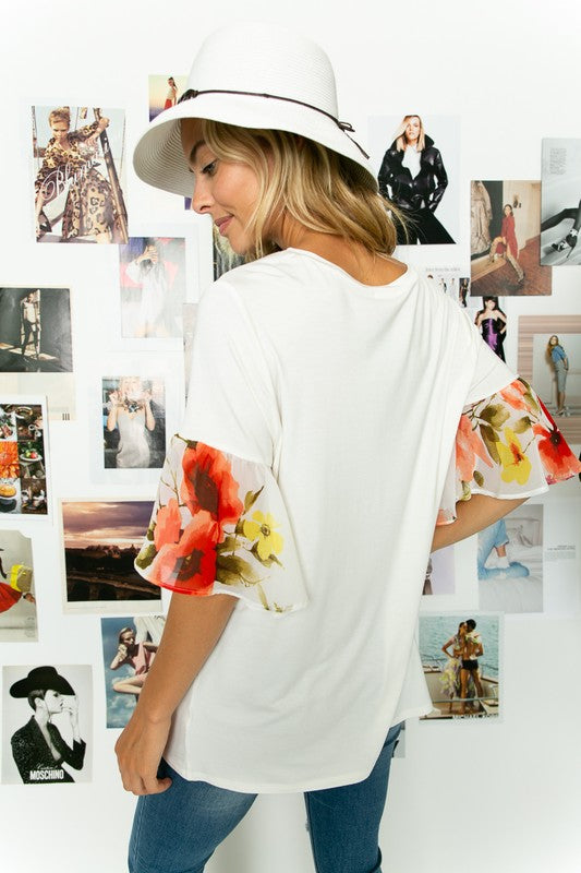 PLUS FLORAL RUFFLE SLEEVE TOP