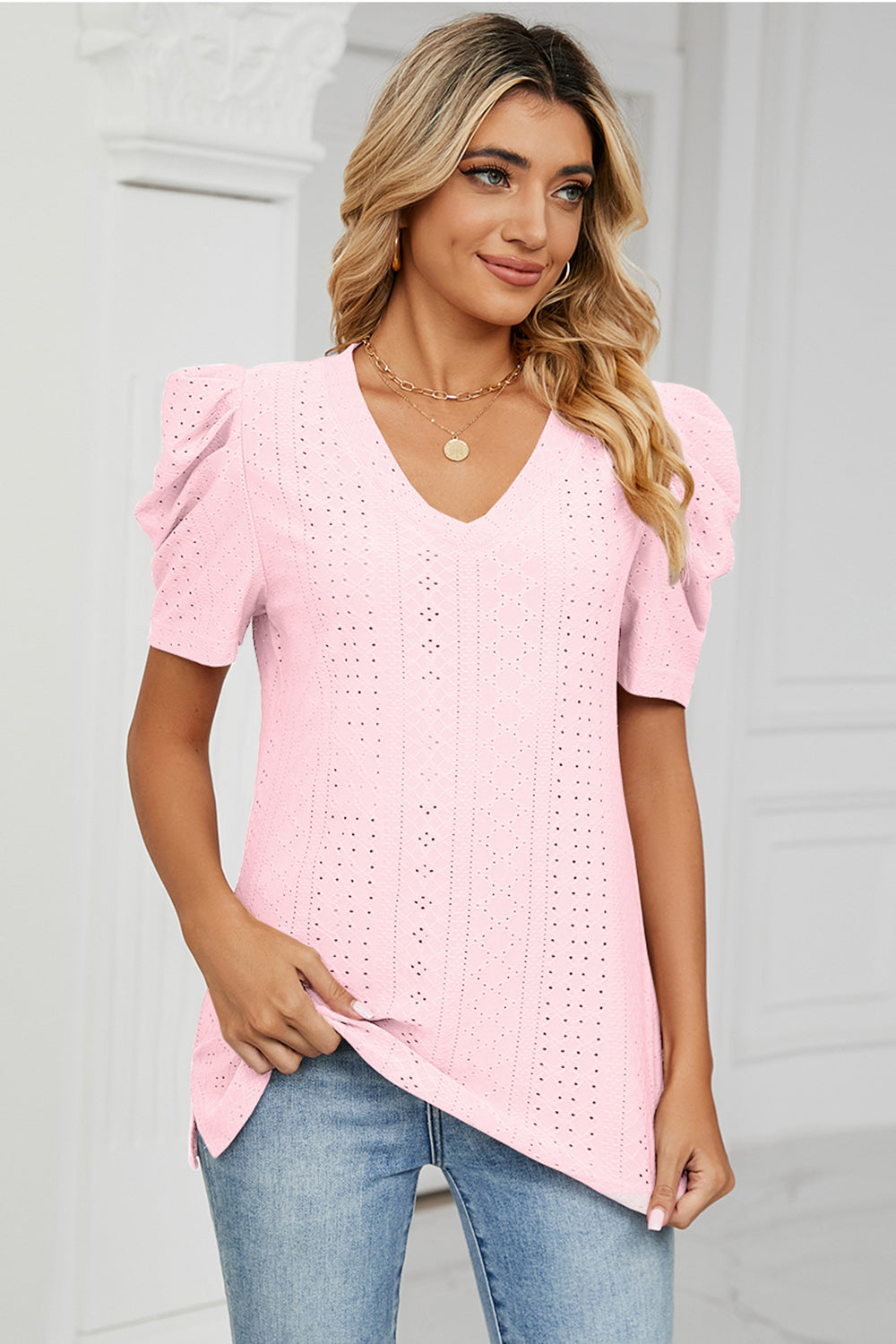 Eyelet V-Neck Short Sleeve Blouse