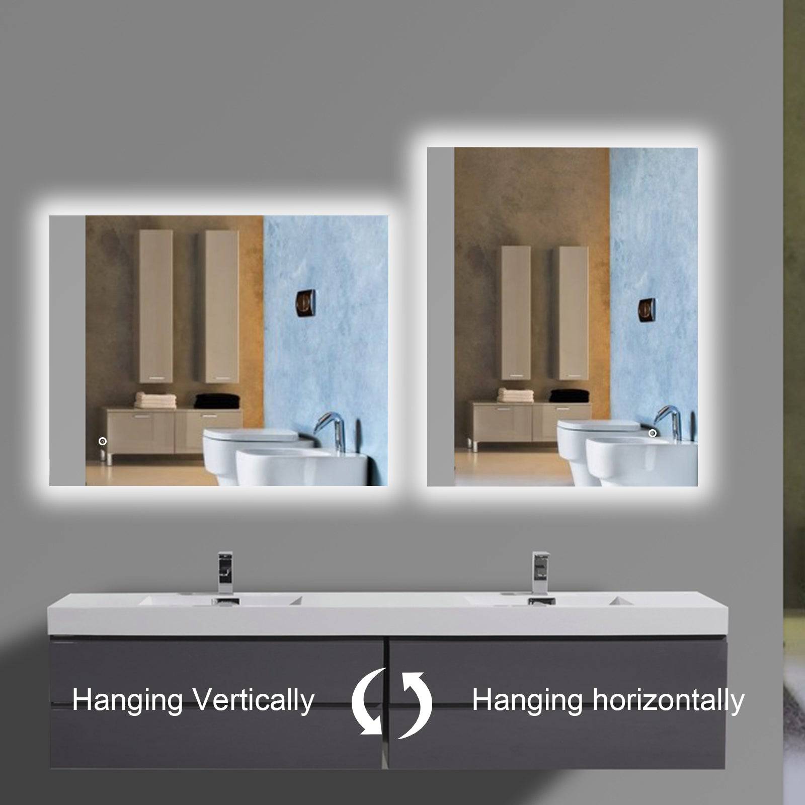 ELL Corona Series - LED Wall Glow Bathroom Mirror with Adjustable Color Temperature, Defogger, Touch Switch, and Hardwired Design - 5mm Tempered Glass with Safety Film, ETL Listed & IP44 Rated - Vertical or Horizontal Mounting