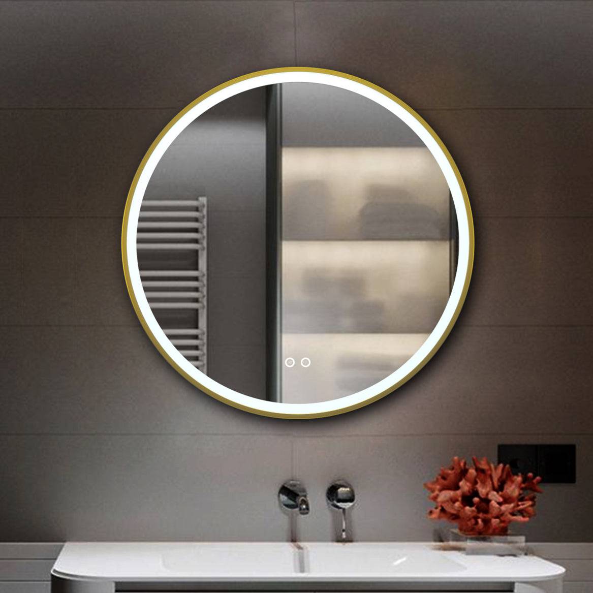 ELL Gold Moon Series - Modern Matte Gold LED Bathroom Mirror with Defogger - Adjustable Color Temperature, Touch Switch- ETL Listed
