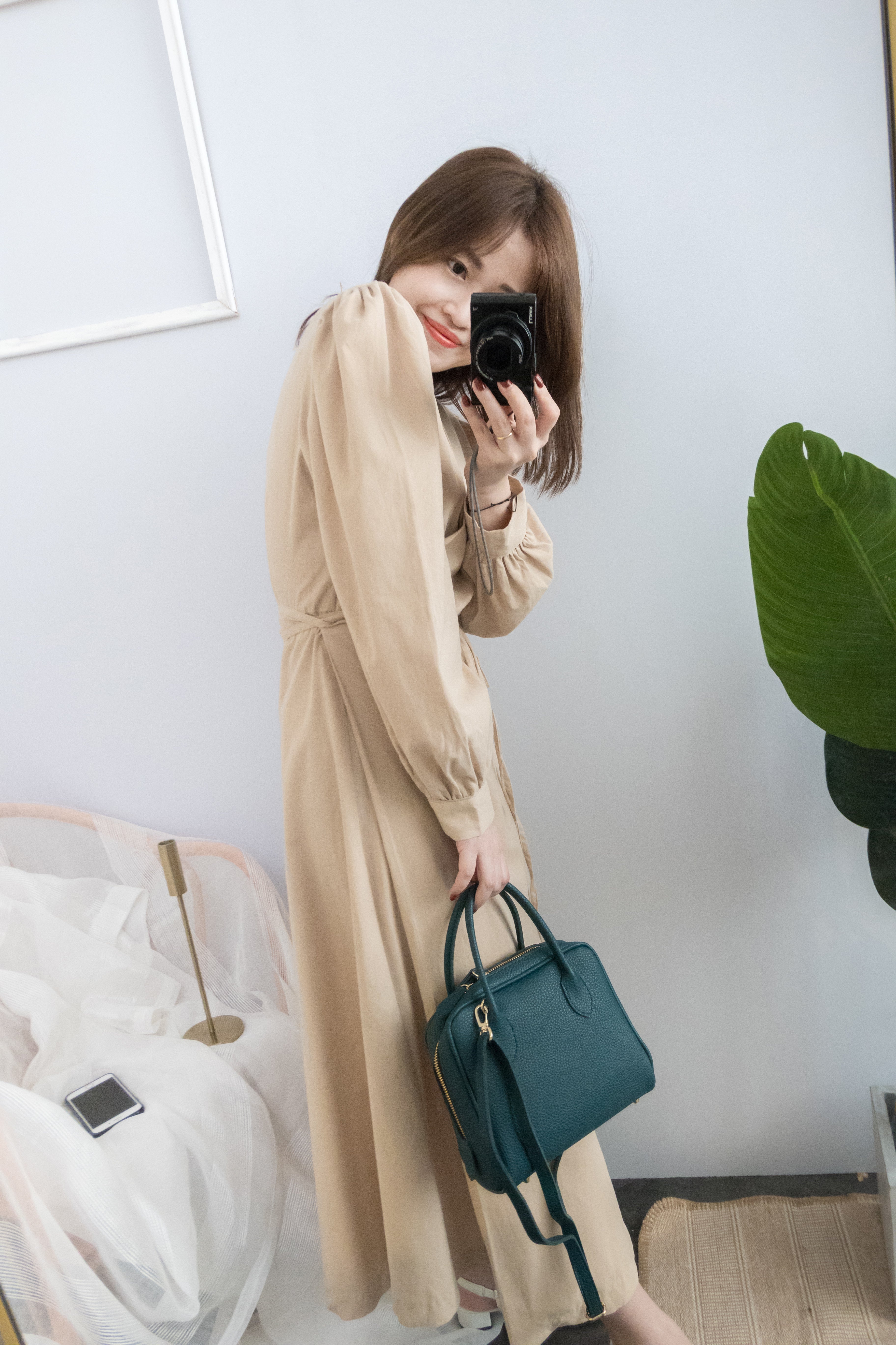 garden 自然淑女杏麦v领包裹显瘦连身长裙, dress/ ds8759