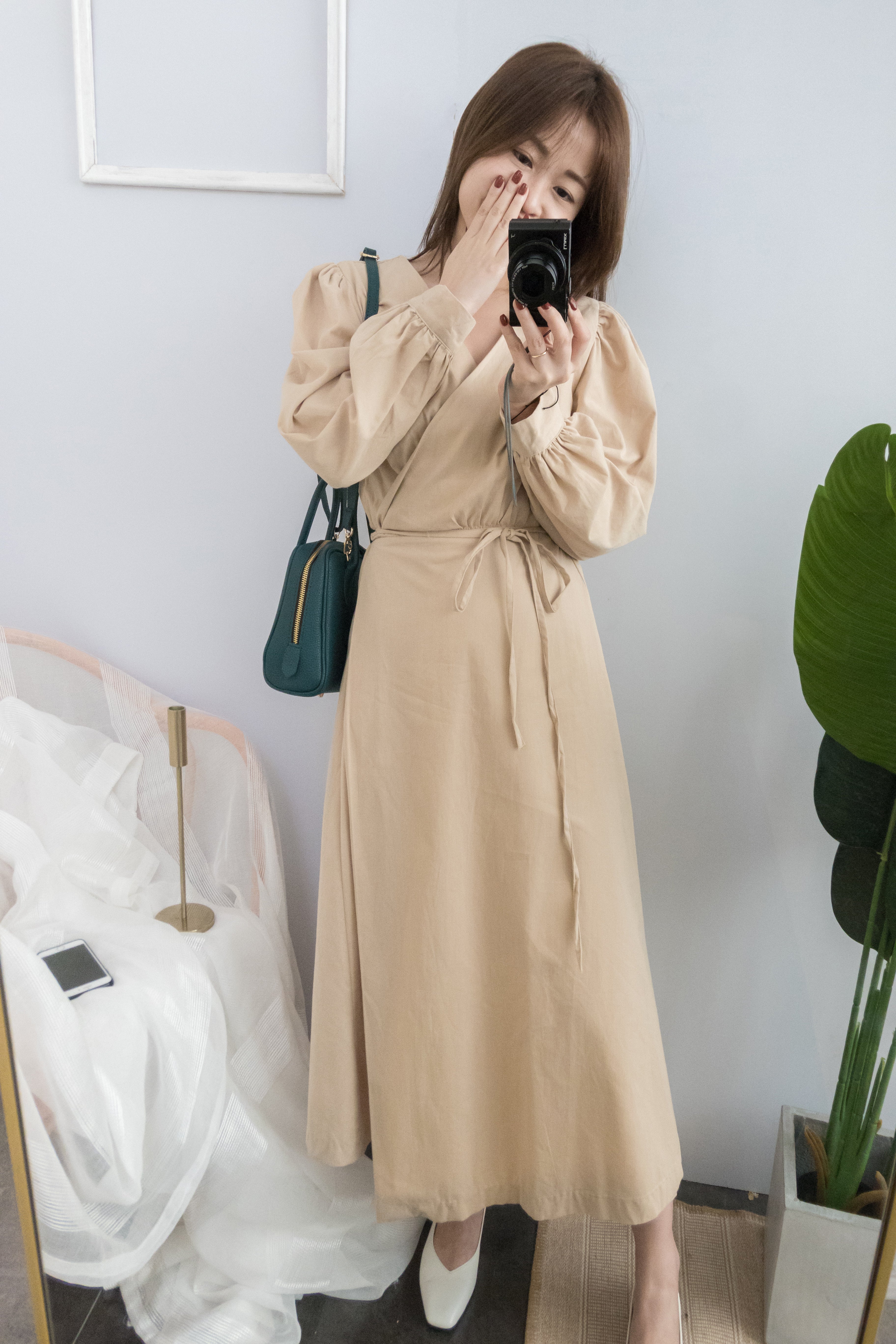 garden 自然淑女杏麦v领包裹显瘦连身长裙, dress/ ds8759