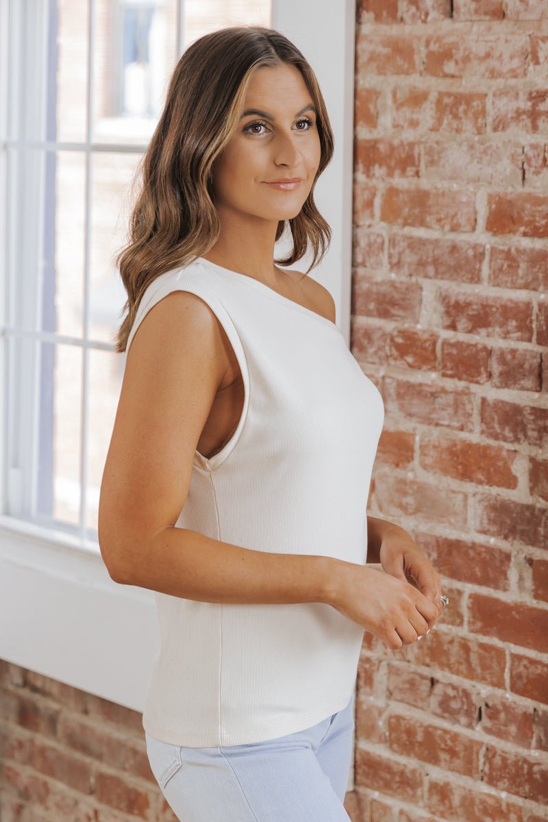 MUSE Cream Off The Shoulder Ribbed Top