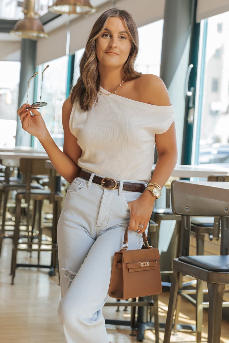 MUSE Cream Off The Shoulder Ribbed Top