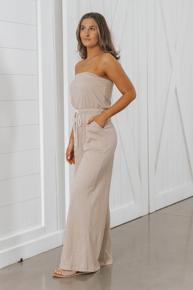 Strapless Taupe Striped Jumpsuit | Pre Order