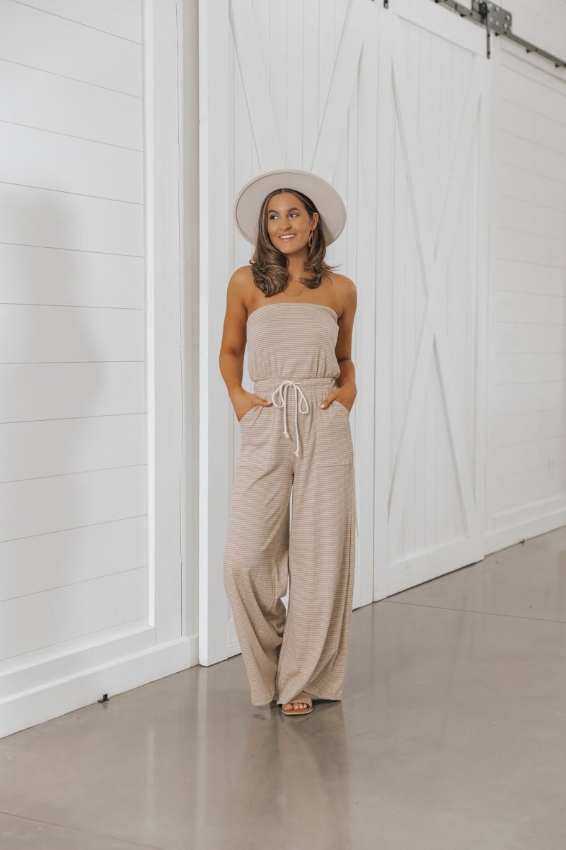 Strapless Taupe Striped Jumpsuit | Pre Order