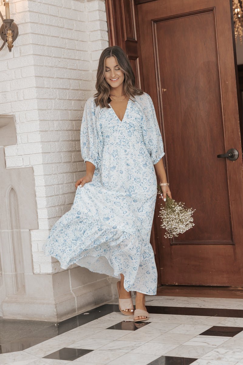 Baby Blue Floral Print Maxi Dress