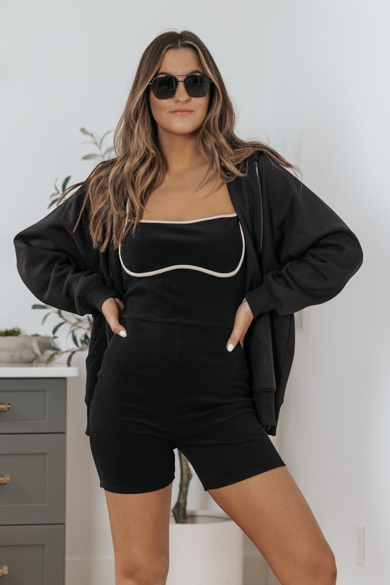 Black Contrast Ribbed Romper