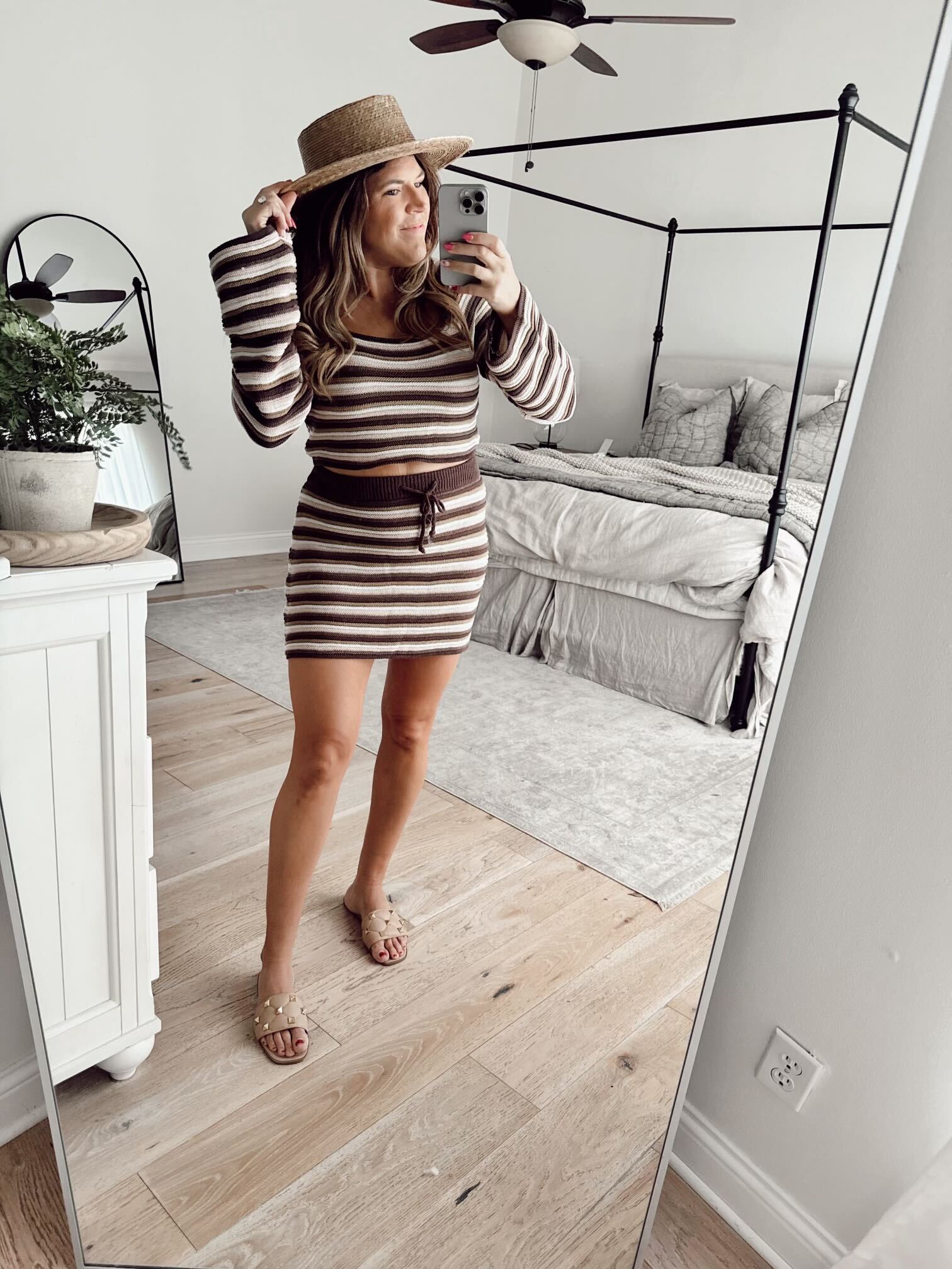 Brown Crochet Striped Mini Skirt