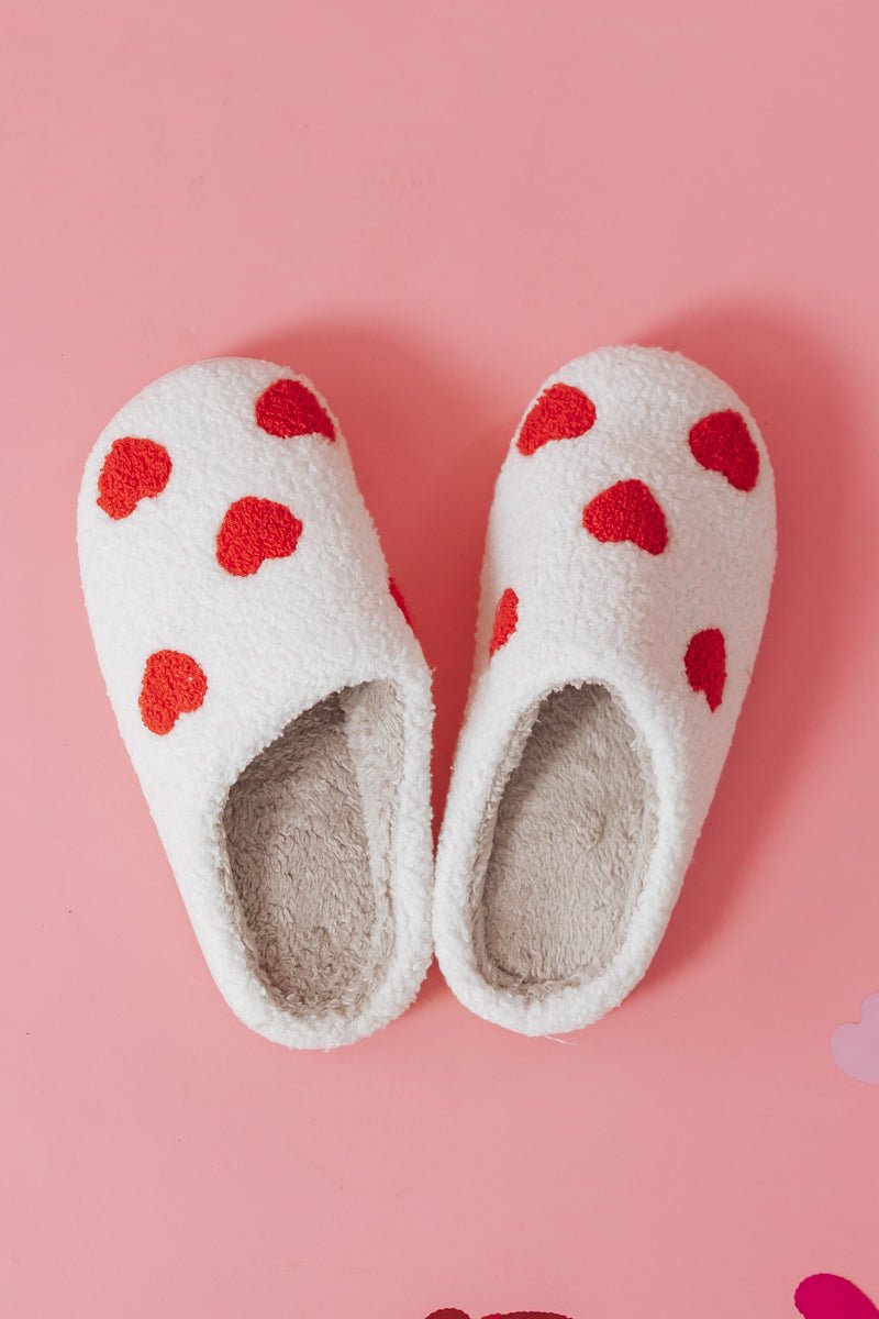 Cream Heart Fuzzy Plush Slippers - FINAL SALE