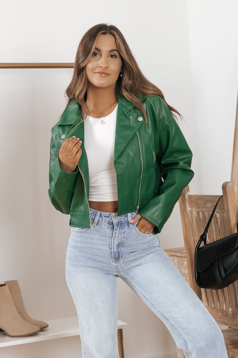 Green Faux Leather Moto Jacket - FINAL SALE