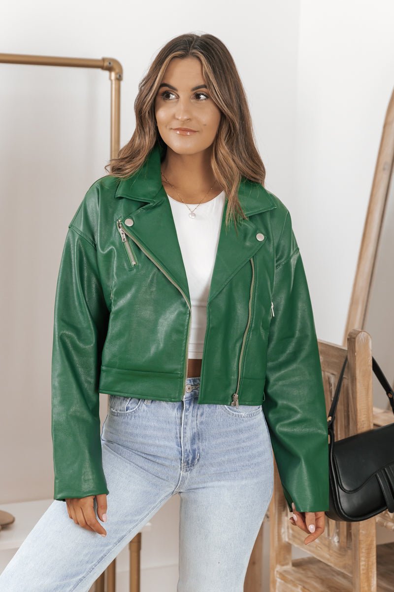 Green Faux Leather Moto Jacket - FINAL SALE