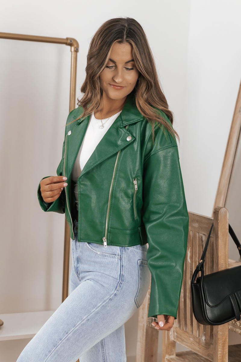 Green Faux Leather Moto Jacket - FINAL SALE