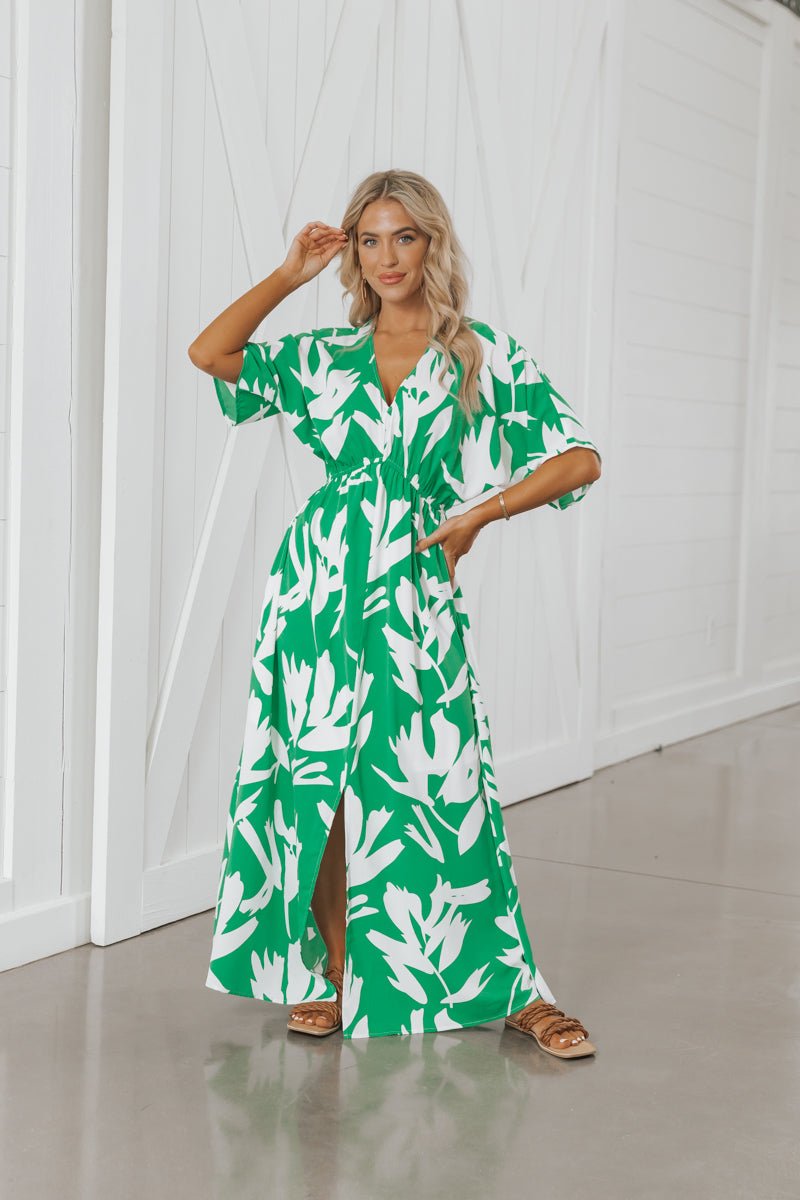Green Floral Print V Neck Maxi Dress
