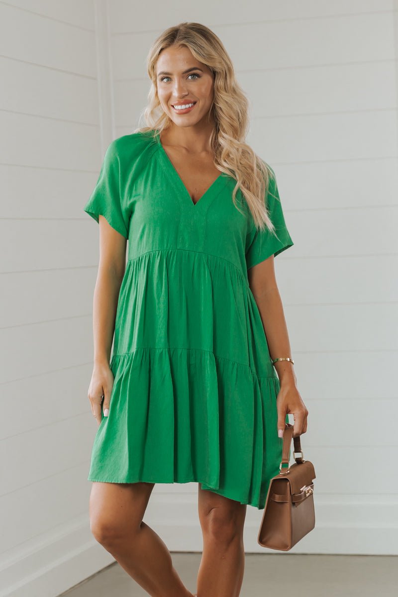 Green V Neck Tiered Mini Dress | Pre Order