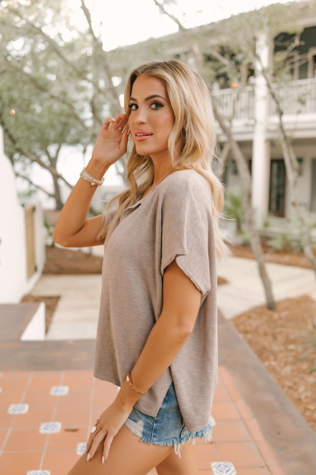Grey Two Tone V Neck Top