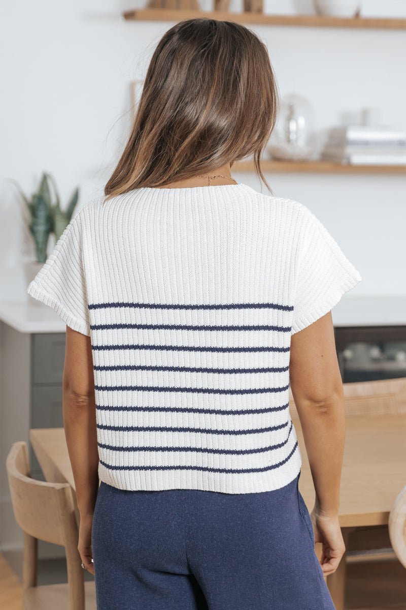 Hallie Striped Mock Neck Sweater - Navy