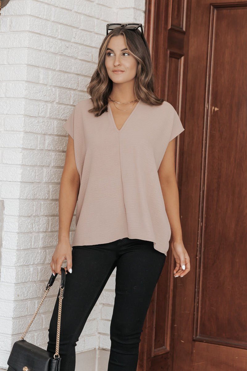 Light Mocha V Neck Blousy Top