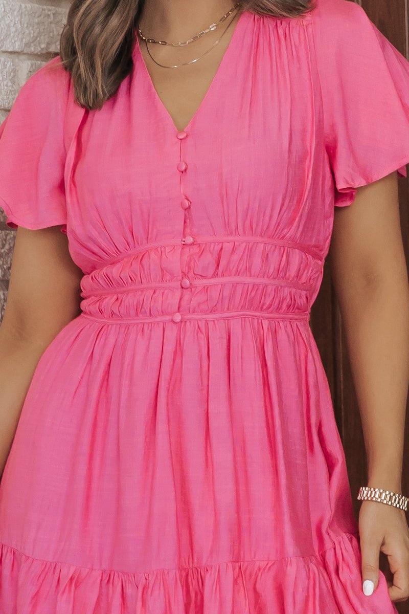 Pink Button Up Tiered Mini Dress