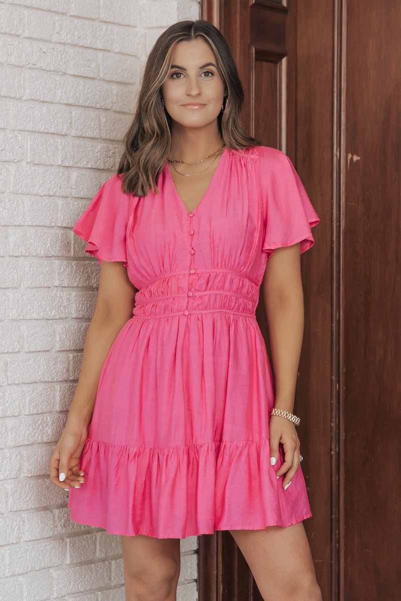 Pink Button Up Tiered Mini Dress