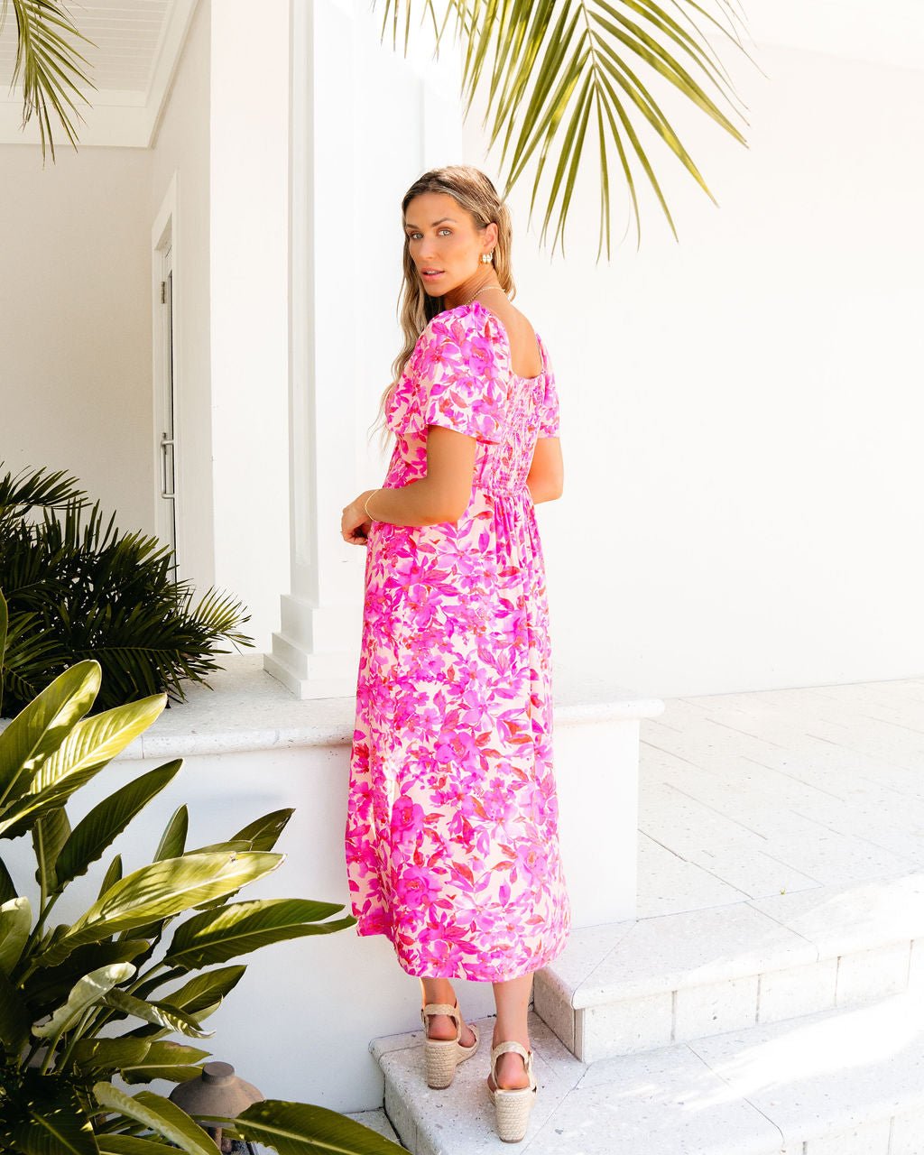 Pink Floral Print Slit Midi Dress