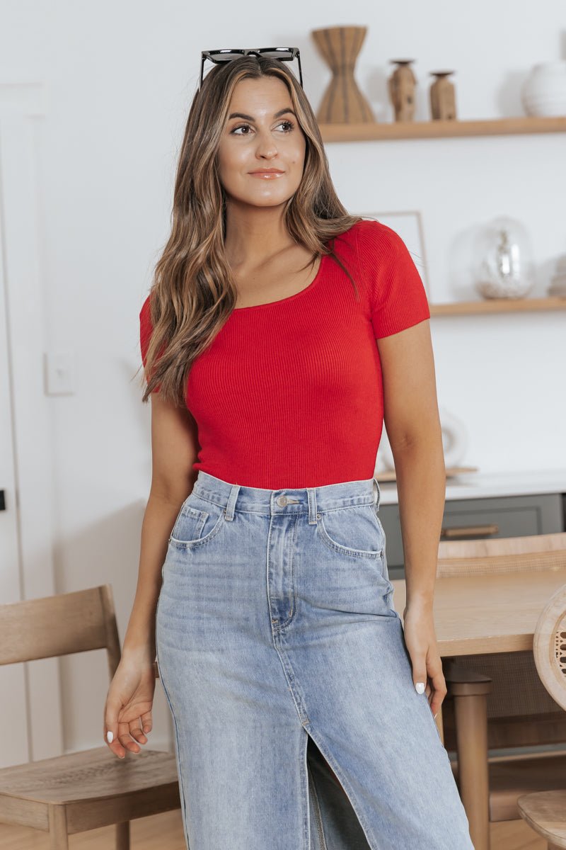 Red Scoop Neck Ribbed Top - FINAL SALE