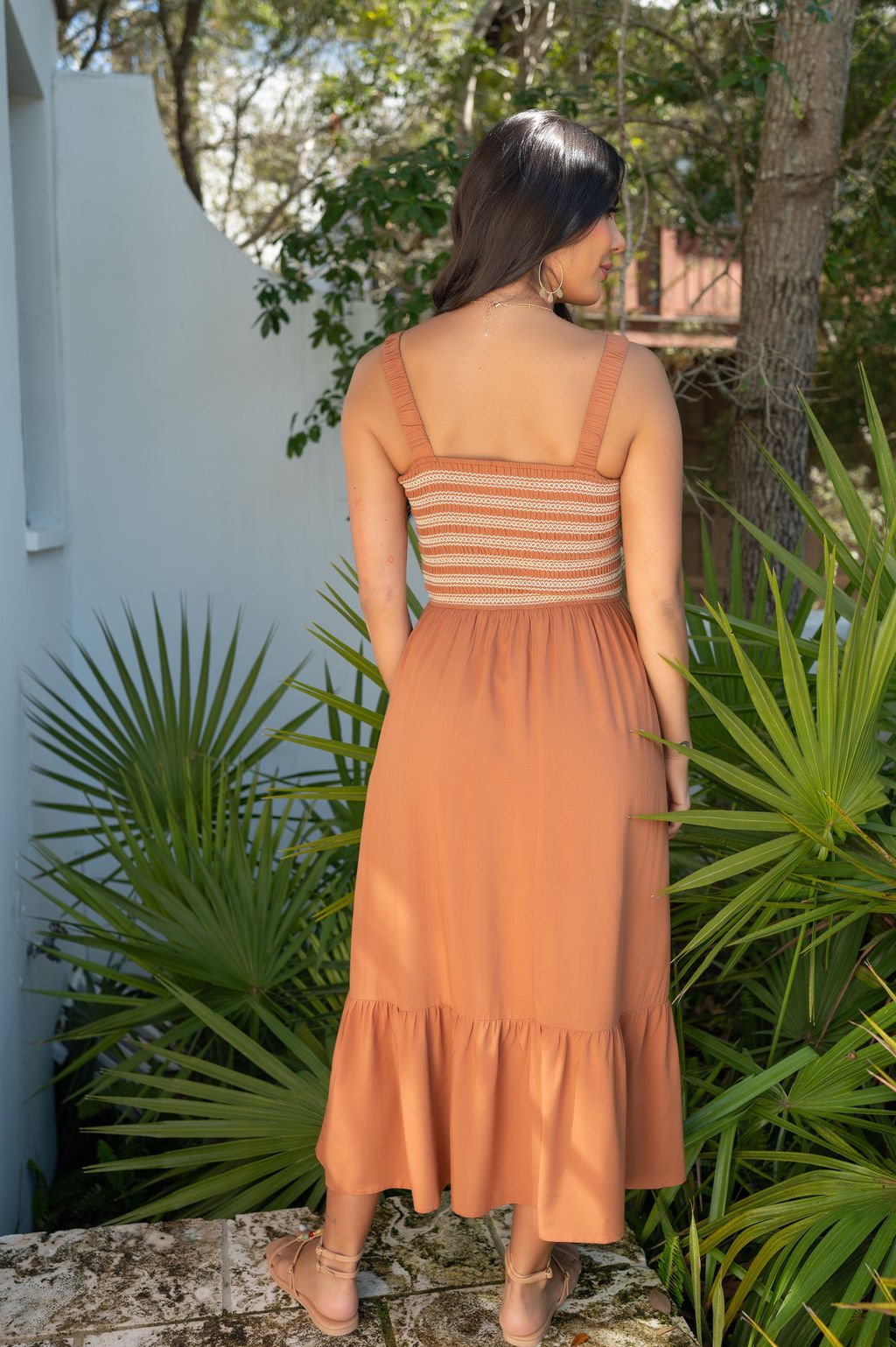 Rust Embroidered Tiered Midi Dress