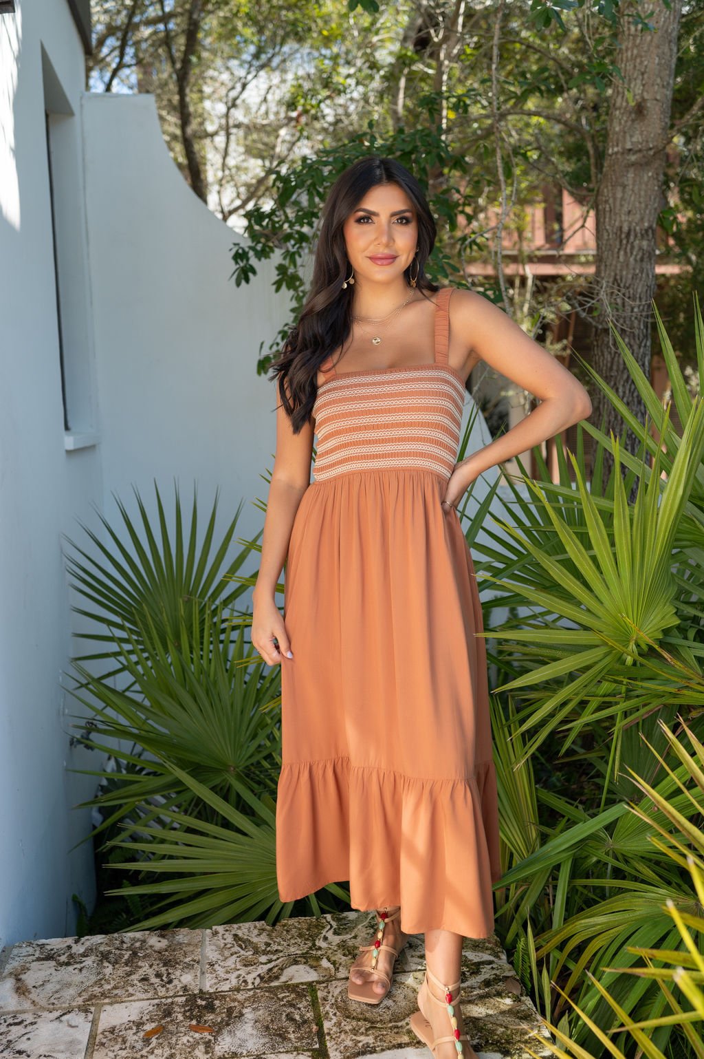 Rust Embroidered Tiered Midi Dress